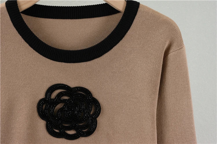 Knitted Loose Women Pant Suit Set with O Neck Pullover and Wide Leg High Waist Pants