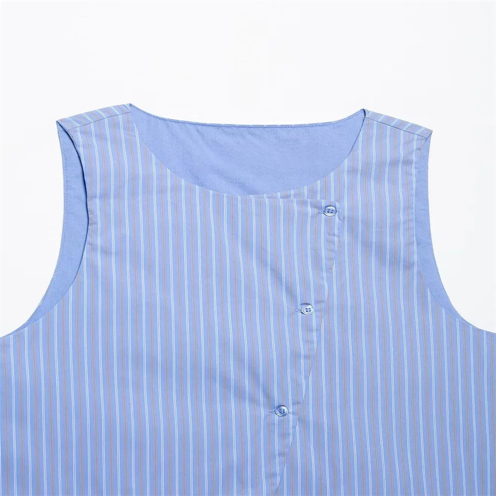 Womens Light Blue Pinstripe Suit Set with Sleeveless Asymmetric Vest and Wide Leg Pants for Stylish Office Attire