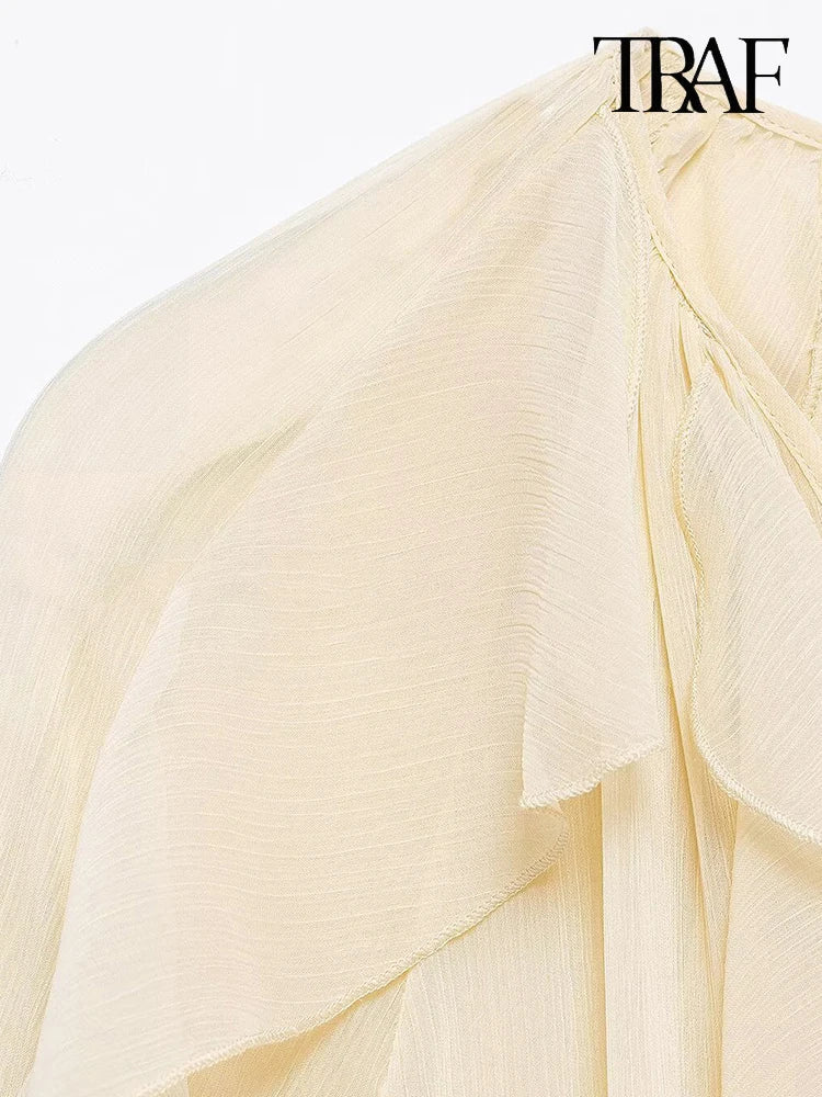 Elegant Solid Color Multi-Layered Ruffle V-Neck Sheer Long Sleeve Loose Blouse for Women