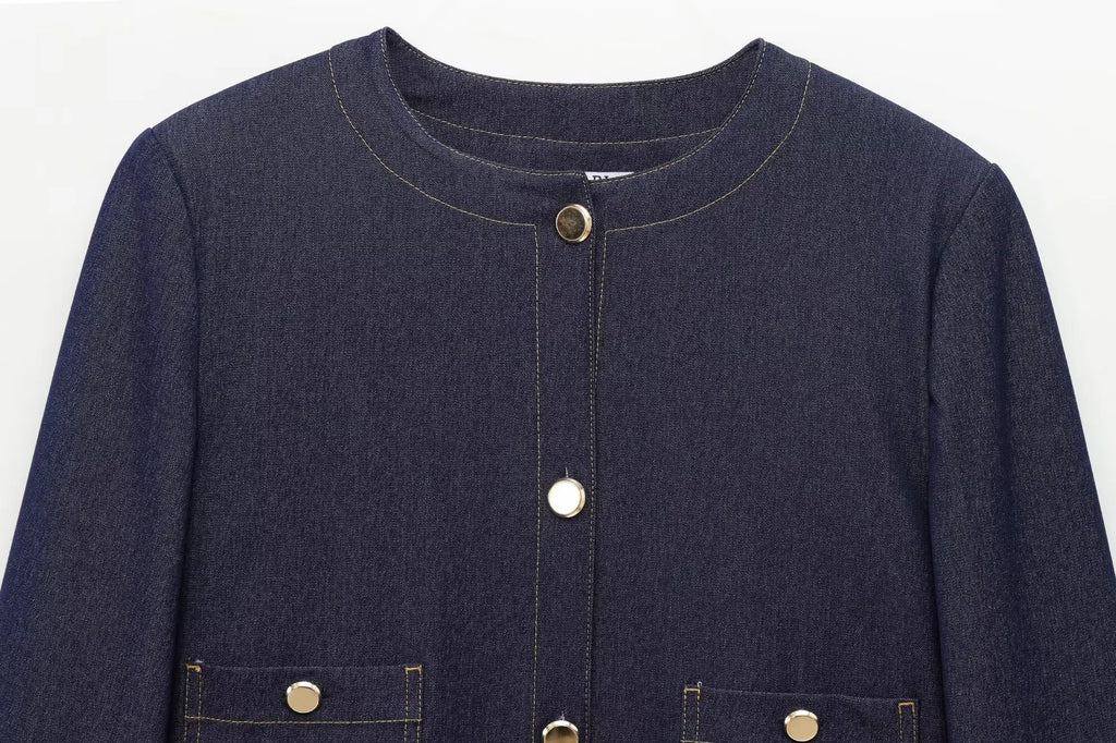 Fashion Women Solid Jacket and Wide Leg Pant Set with Cropped Coat and Zipper Details