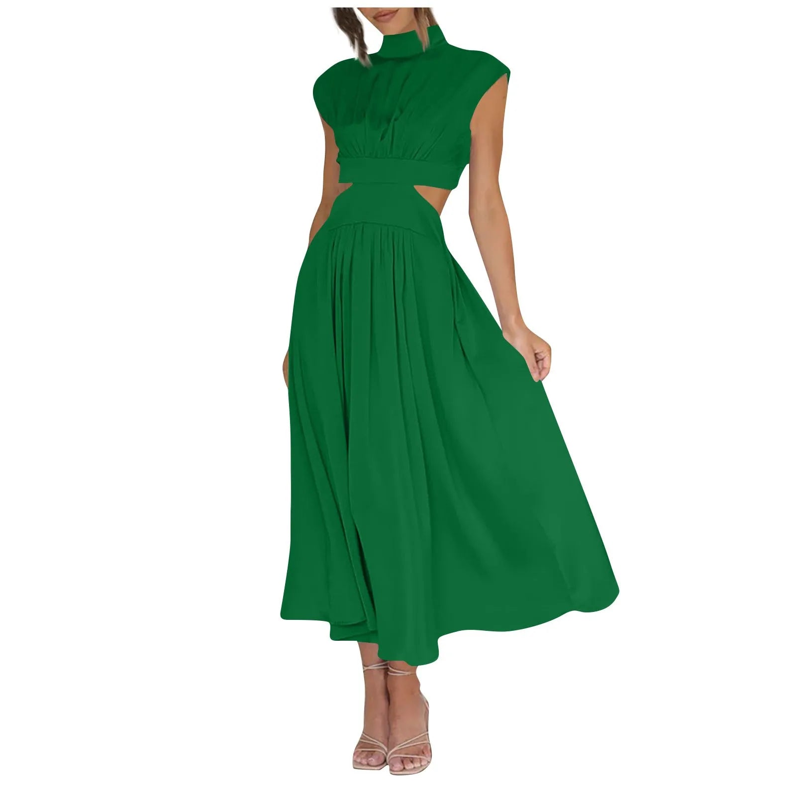 Solid Color High Waist Maxi Dress Sleeveless With Pockets