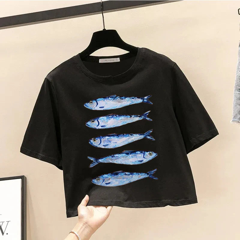 Personalized Y2K Trend Sardine Printed Casual T-Shirt for Women