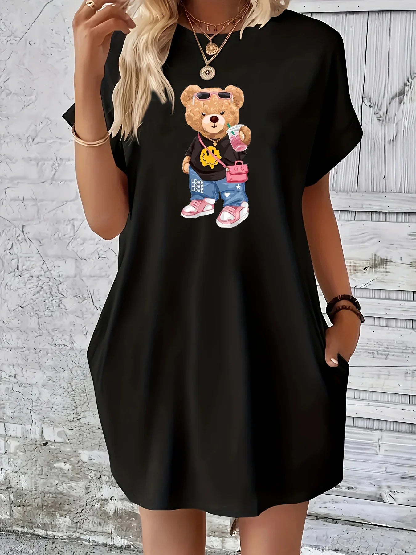 Plus Size Women's Summer Round Neck Bear Print Dress