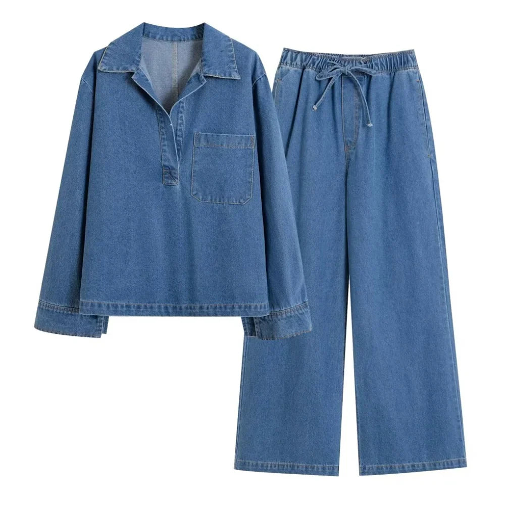 Solid Color V-Neck Loose Denim Pullover Top and High Waist Trousers Set for Women