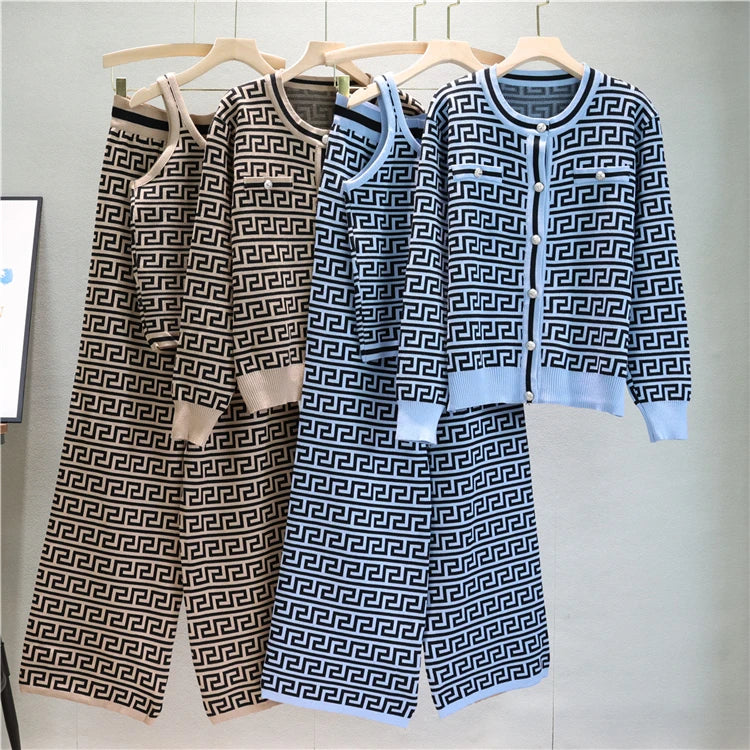 Elegant Casual Three-Piece Women's Houndstooth Printed Vest and Trousers Set