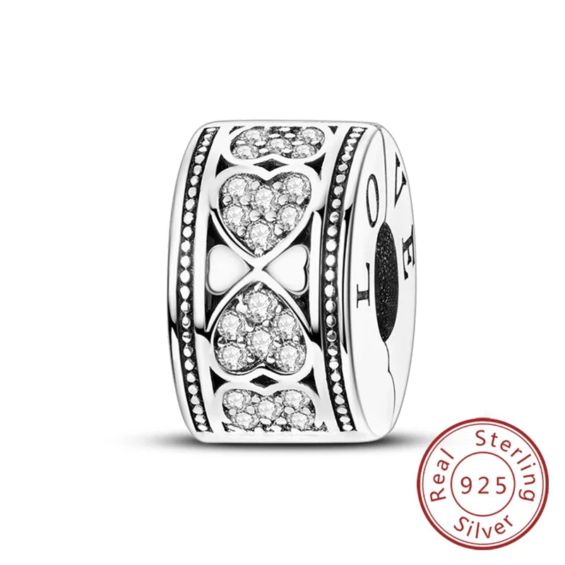 Fit Original 925 Sterling Silver Clip Charms with Zircon and Silicone Spacer Beads for Women DIY Bracelet Gift