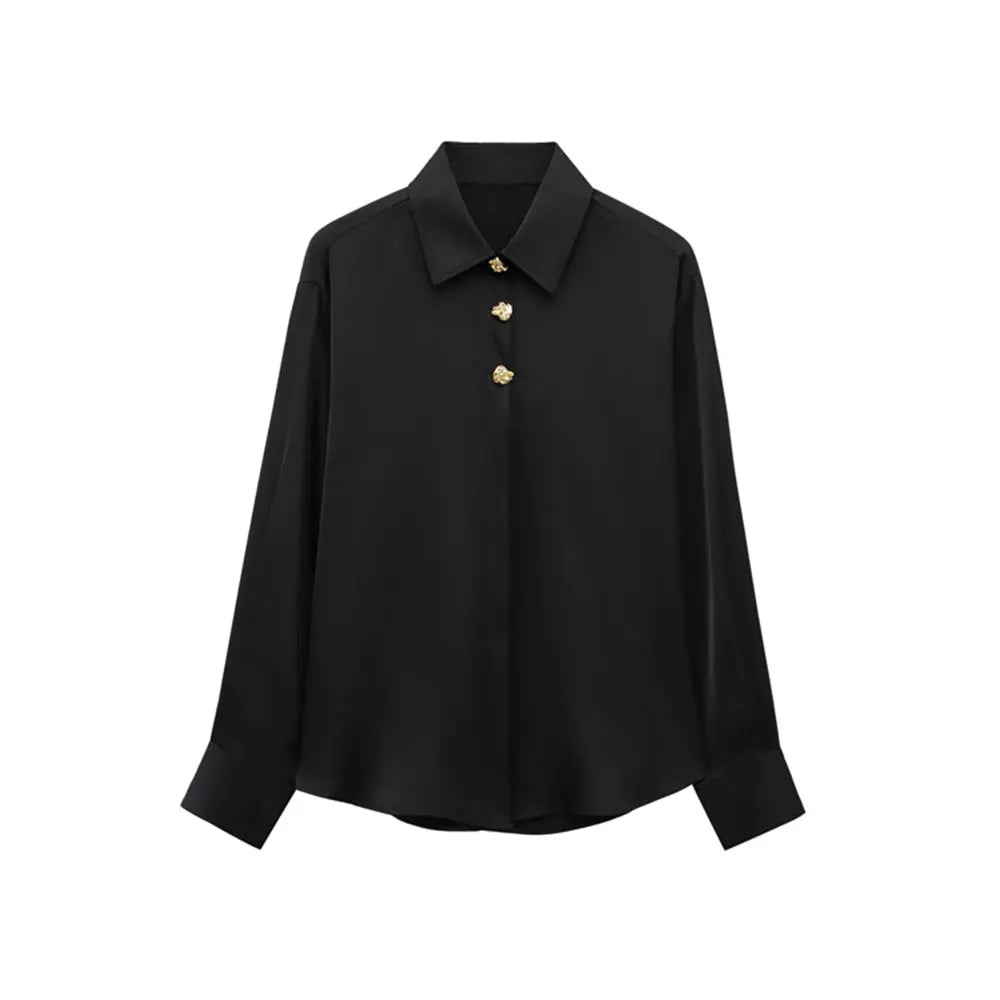 Long Sleeve Lapel Collar Blouse for Women with Fashion Gold Buttons Chic Elegant Office Shirt