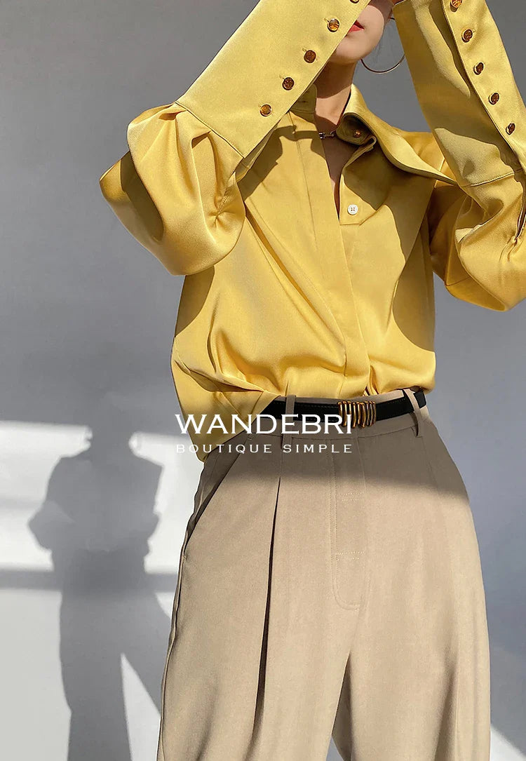 Elegant Turn Down Collar Satin Silk Blouse Vintage Button Closure White Lantern Sleeve Office Lady Shirt Chic Feminine Top