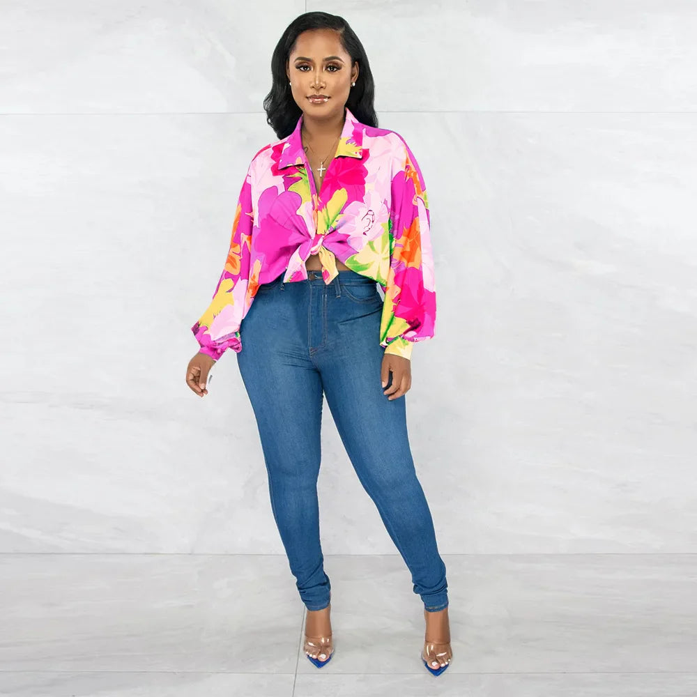 Women's Printed V-Neck Ramie Shirt Loose Bat-Sleeve Summer Top with Belly Cover Age-Reducing Design