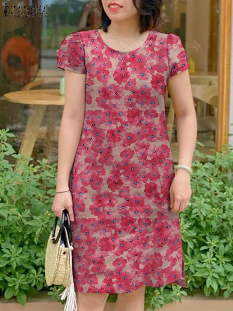 Floral Boho Knee Length Dress With Short Sleeves Blue