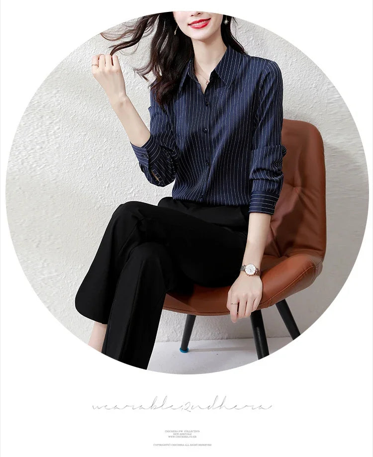 Striped Long Sleeve Women Shirt Button Up Blouse Lightweight Chiffon Tops Elegant Casual Office Wear