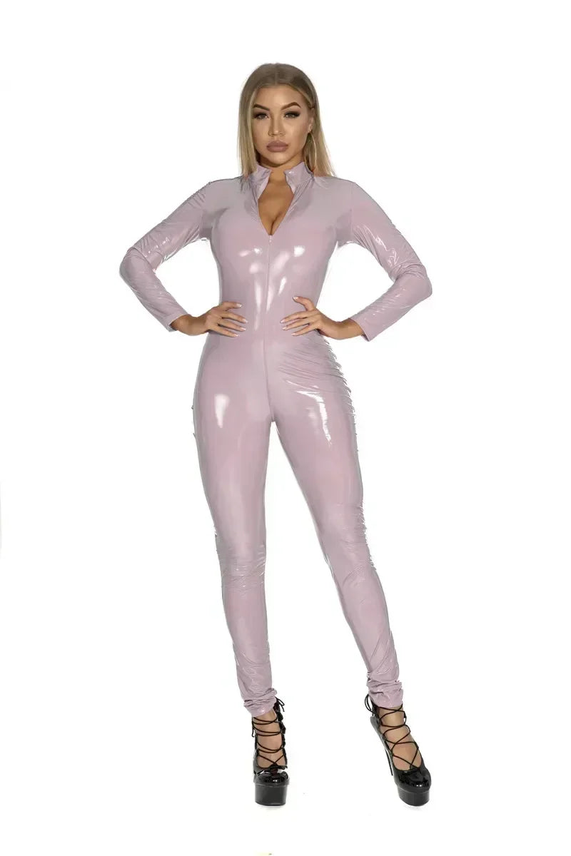 Womens Wet Look PU Leather Jumpsuit Long Sleeve Shiny Latex Bodysuit Zipper Open Crotch Stretch Clubwear Plus Size