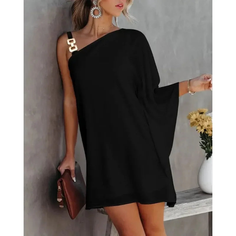 Summer Off Shoulder Dress With Printed Diagonal Neck Bat Sleeve