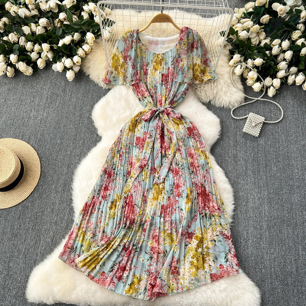 Retro Floral Chiffon Midi Dress With Ruffle Details