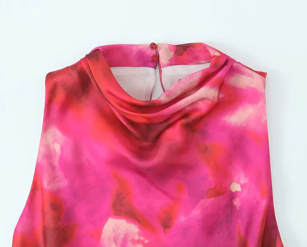 Printed Satin Midi Dress Women Sleeveless Back Button