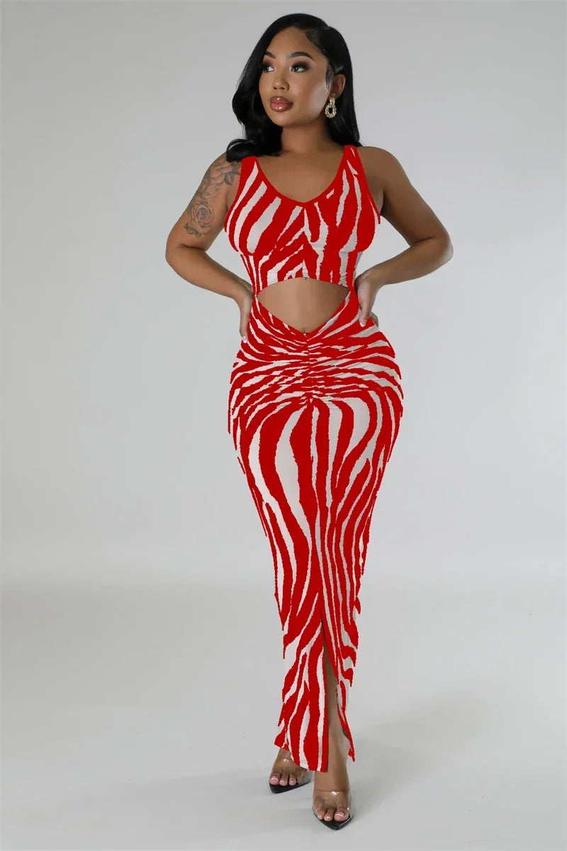 Zebra Print Bodycon Maxi Dress Ruched Sleeveless Party