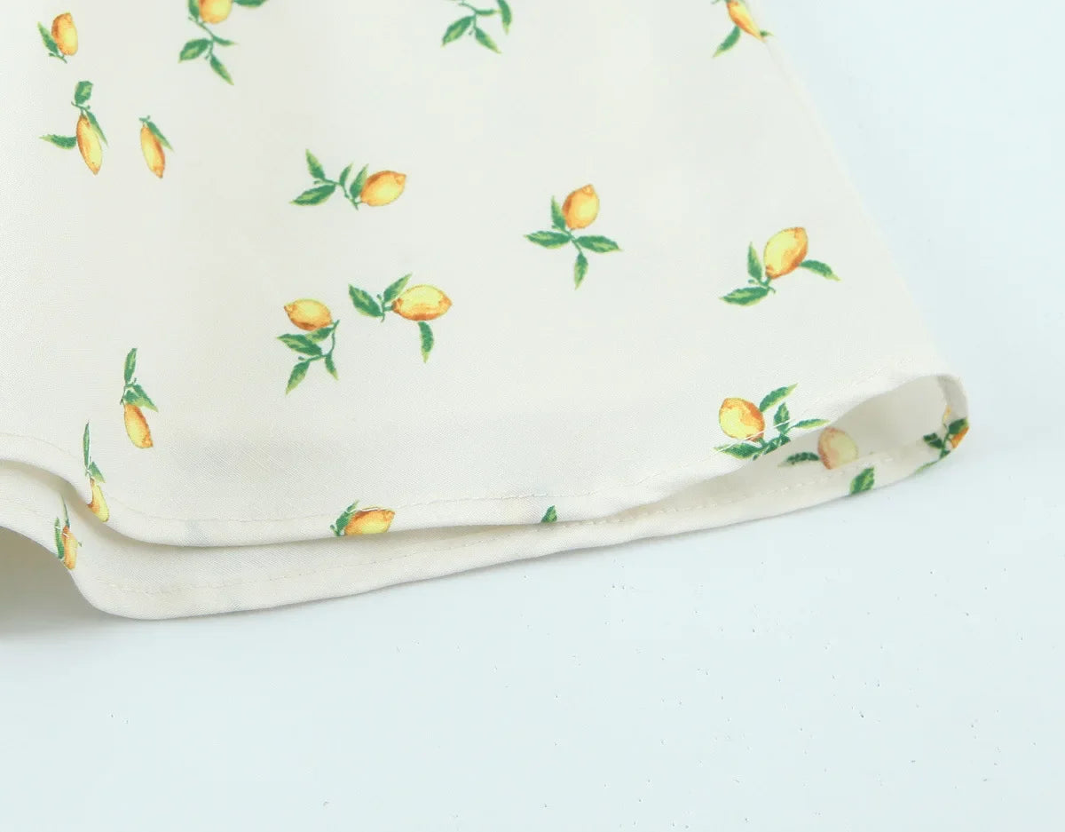 Casual Summer Two Piece Skirt Set for Women Lemon Print Backless Hanging Collar Tank Top with A-Line Mini Skirt Sleeveless Short Top