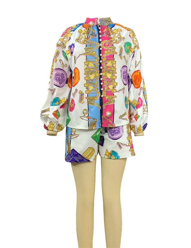 Elegant Two-Piece Women's Set Featuring Stand Collar Long Sleeve Blouse and High-Waist Elastic Shorts Casual Chic Lounge Wear