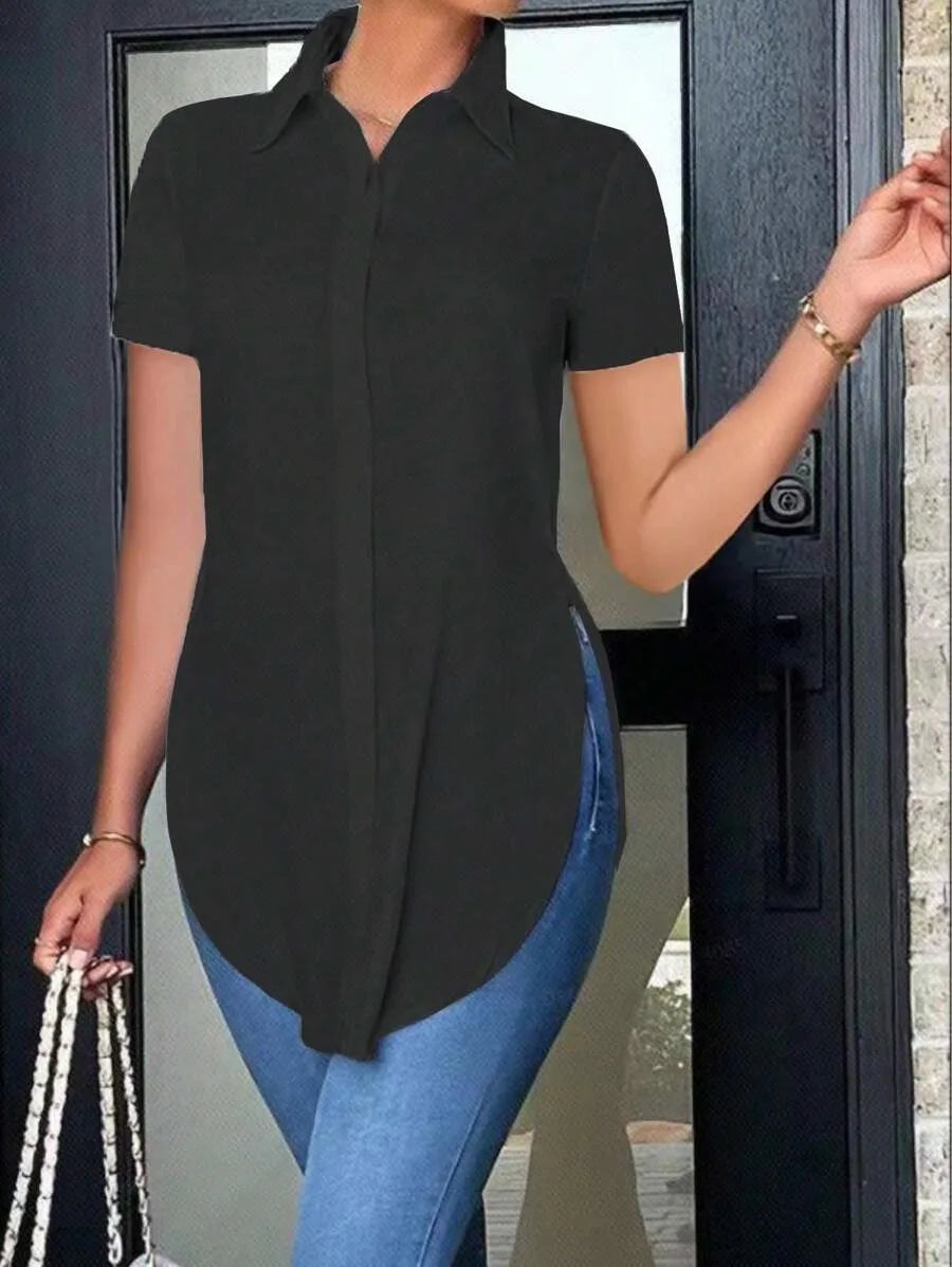 Women's Asymmetrical Buttoned Casual Top with Side Slit Turn-Down Collar Long Sleeve Shirt for Everyday Wear