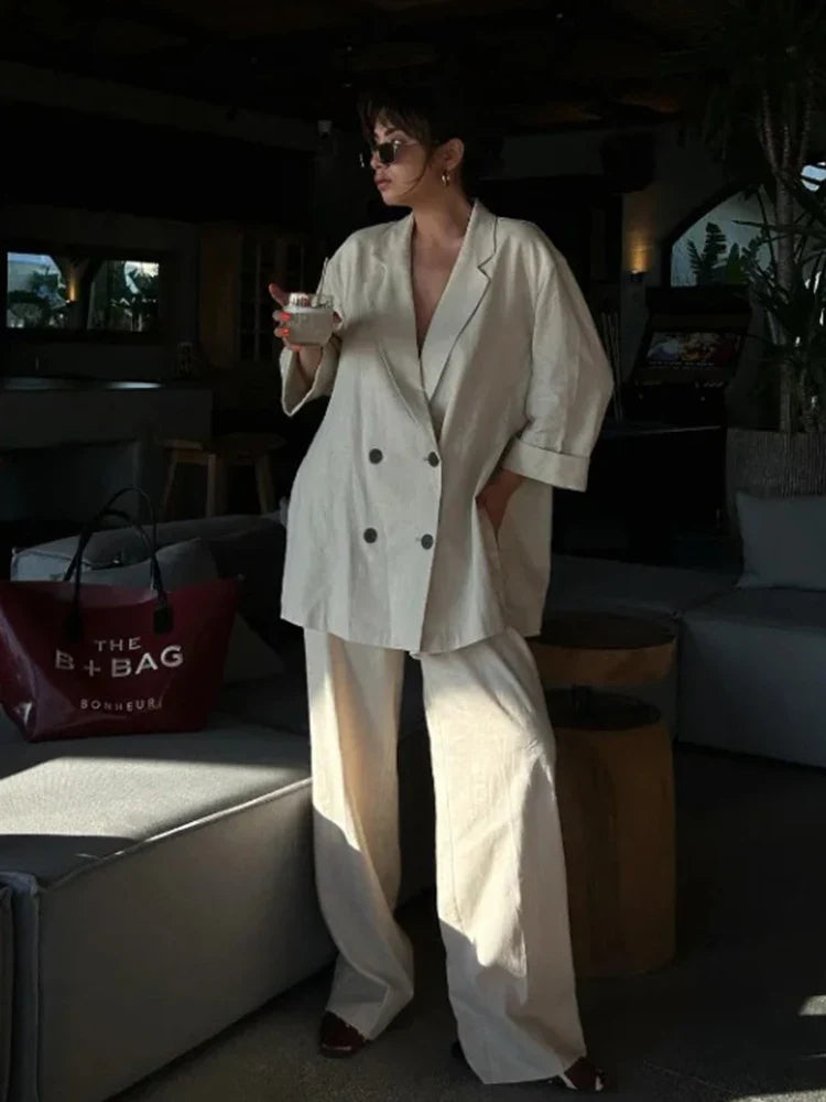 Women's Satin Blazer and High Waisted Straight Leg Pant Set with Crease Texture