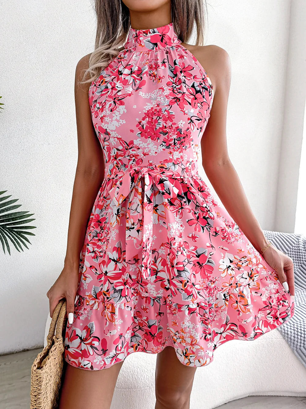 Floral Halter Neck A Line Dress With Lace Up Ruffles Spring