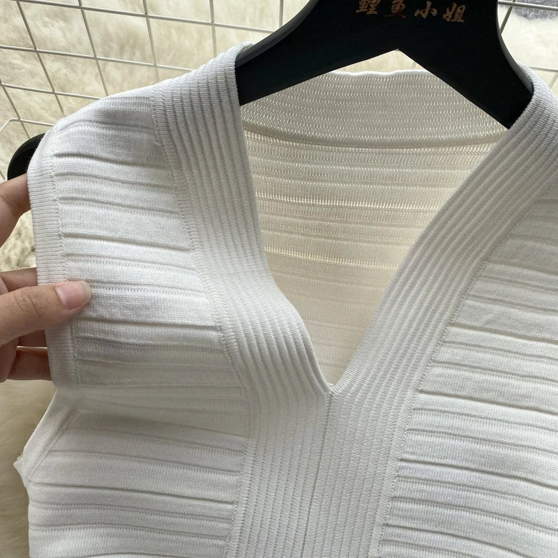 White Knit Tank Dress V Neck Sleeveless Bodycon Wrap Dress
