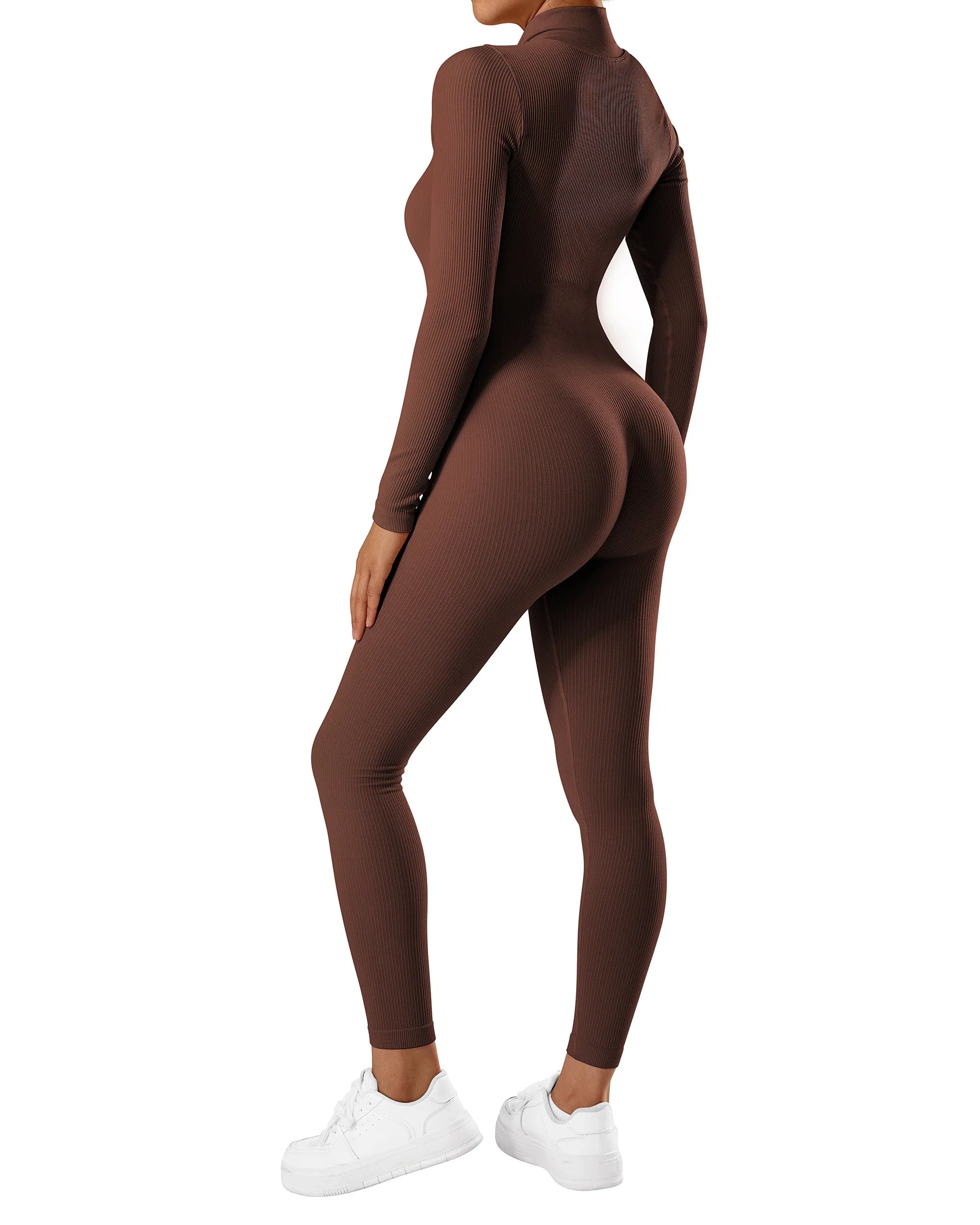 Bodycon Slim Fit Zipper Jumpsuit for Women Casual Brown Fitness Romper Streetwear Playsuit Overall