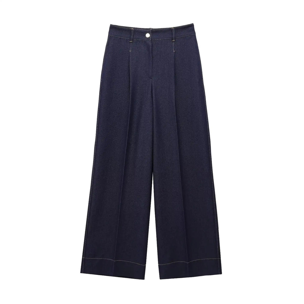 Fashion Women Solid Jacket and Wide Leg Pant Set with Cropped Coat and Zipper Details