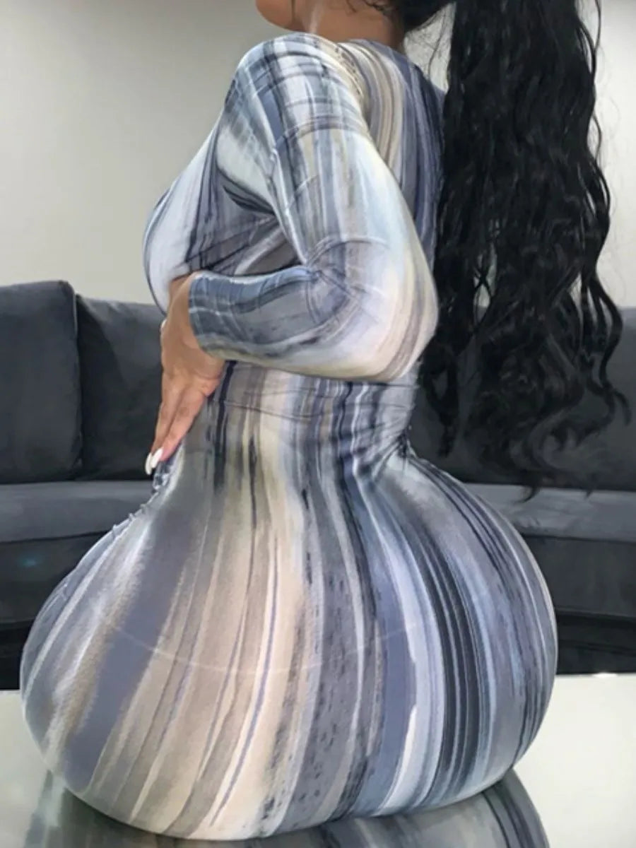 Tie Dye Bodycon Maxi Dress Long Sleeve U Neck Vacation