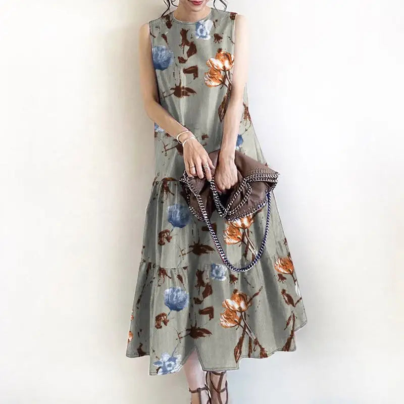 Bohemian Floral Sundress Women O Neck Sleeveless Midi