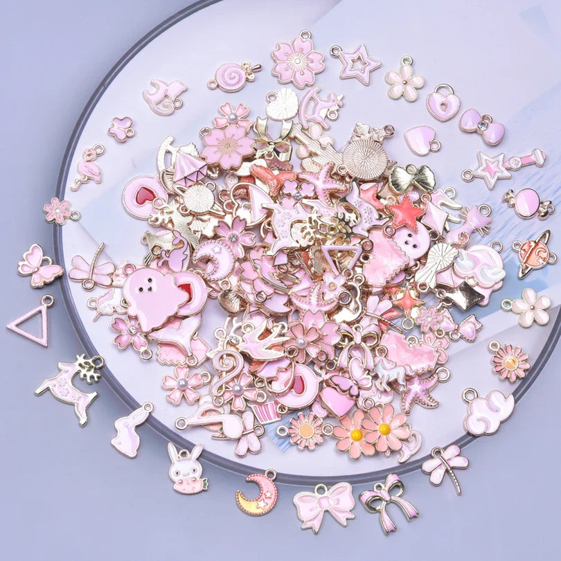 50 Pieces Mixed Style Pink Drip Oil Charms Animal Heart Flower Moon Pendants for DIY Jewelry Making