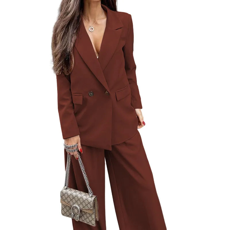 Bamboo Fashion Blazer Suit and Wide Leg Pants Set for Women
