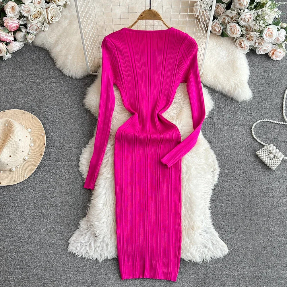 Long Sleeve Knitted Bodycon Dress For Women Autumn Retro