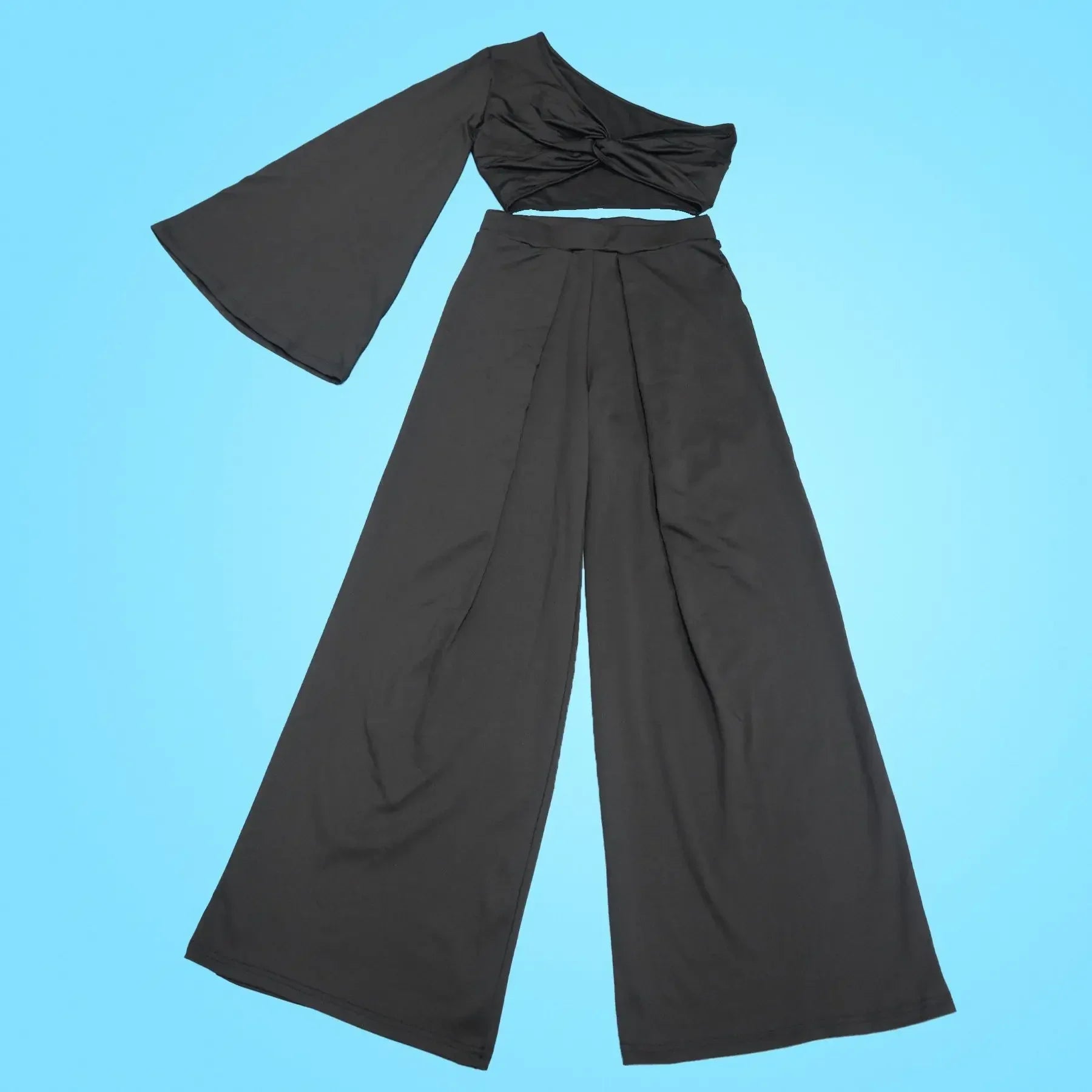 Women's Ruched One Shoulder Sleeve Crop Top and Wide Leg Pants Two Piece Set Outfit