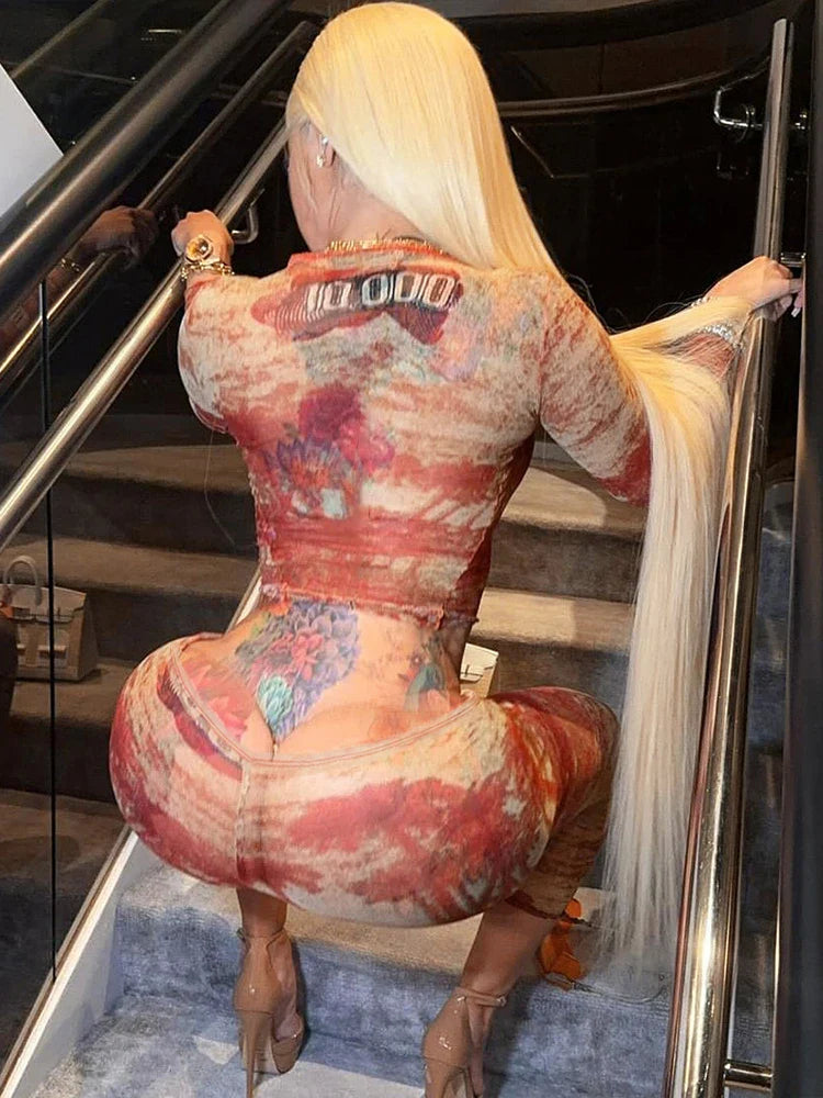 See Through Women 2 Piece Set Sexy Print Crop Top and Leggings Matching Summer Outfit