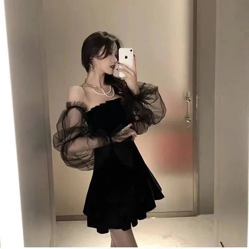 Black Tulle Off Shoulder Mini Dress Korean Style Chic