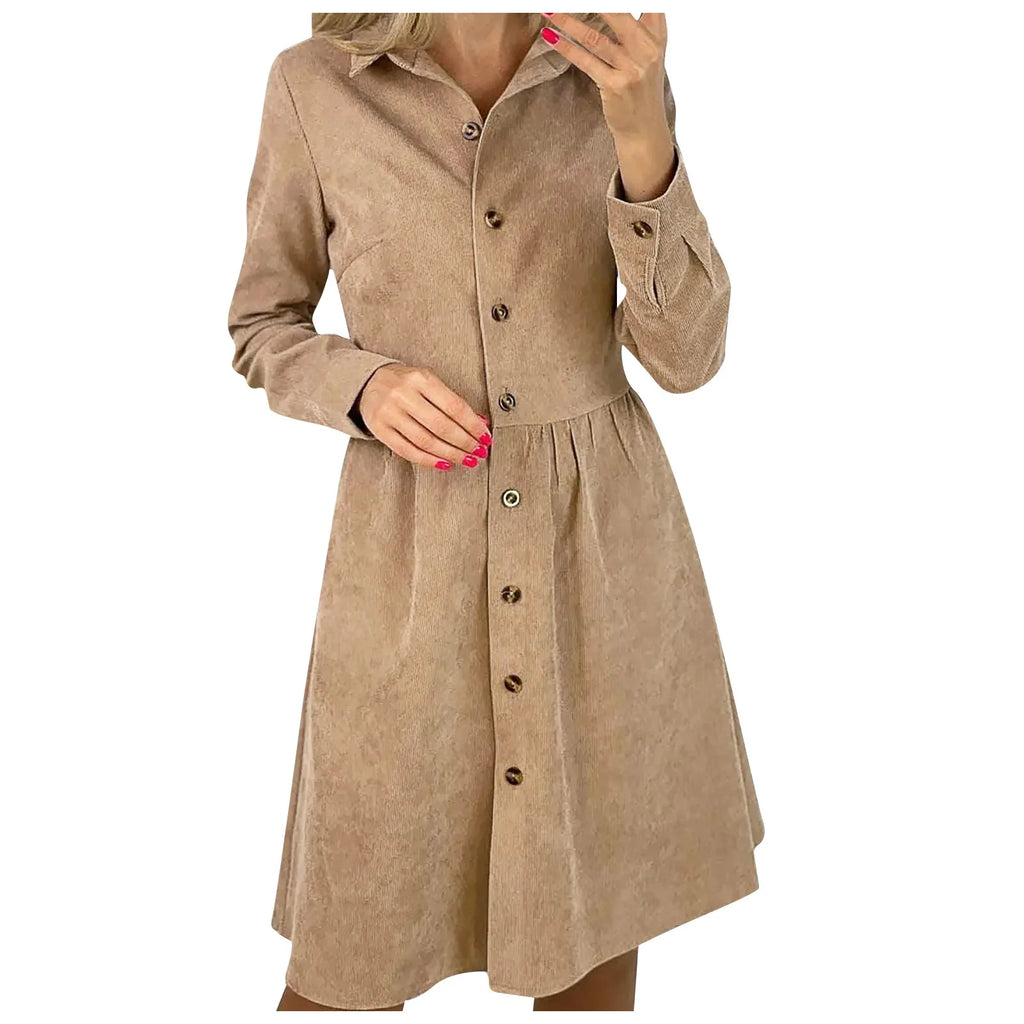 Corduroy Button Down Shirt Dress For Women Long Sleeves
