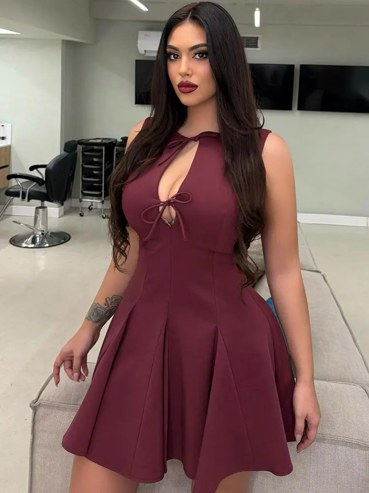 Hollow Out Bow Mini Dress Women Pleated Sleeveless Party