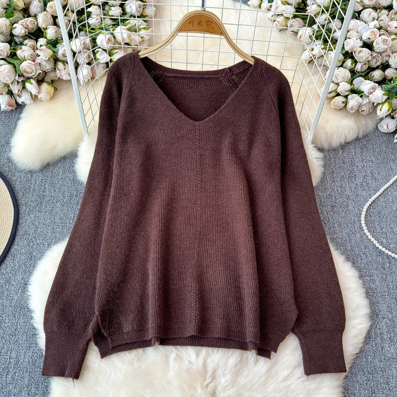 Knitted V-Neck Sweater and Straight Jogging Pants Women's Tracksuit Set