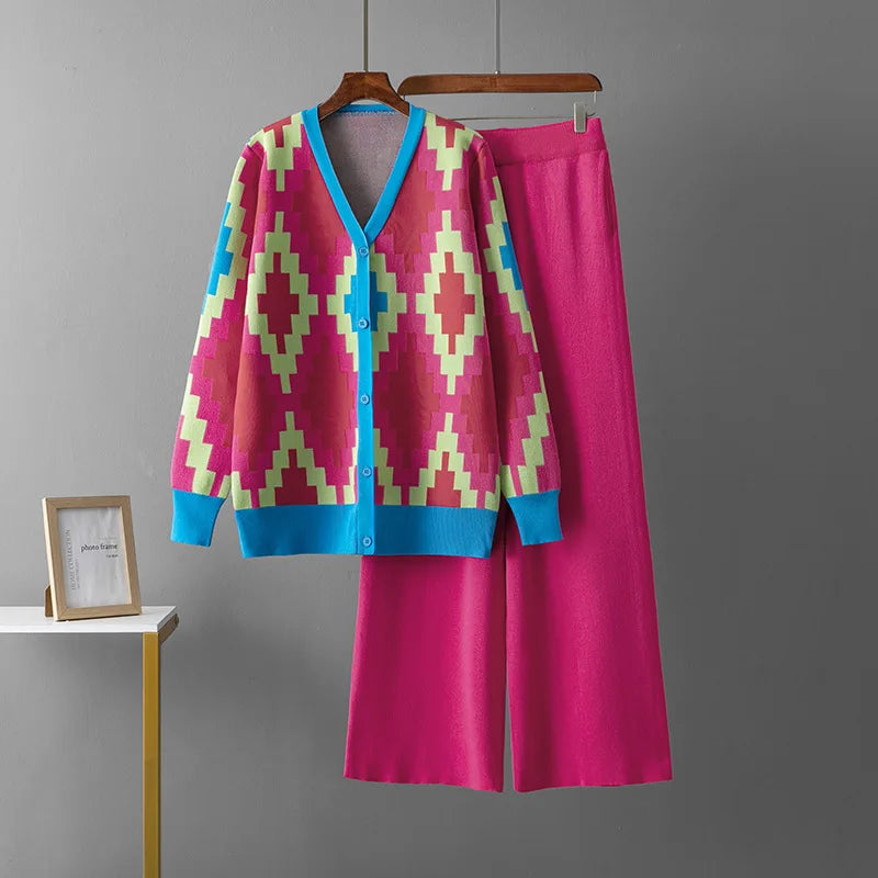 Women Casual V-neck Argyle Knit Cardigan and High Waist Wide Leg Pants Set