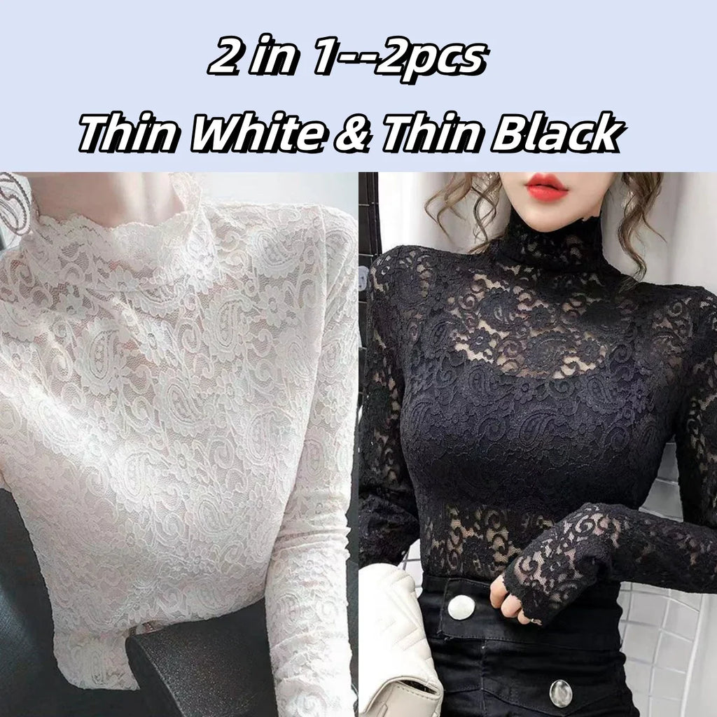 Winter High Neck Long Sleeve Fleece Lace Women T-Shirt Elegant Trendy Top