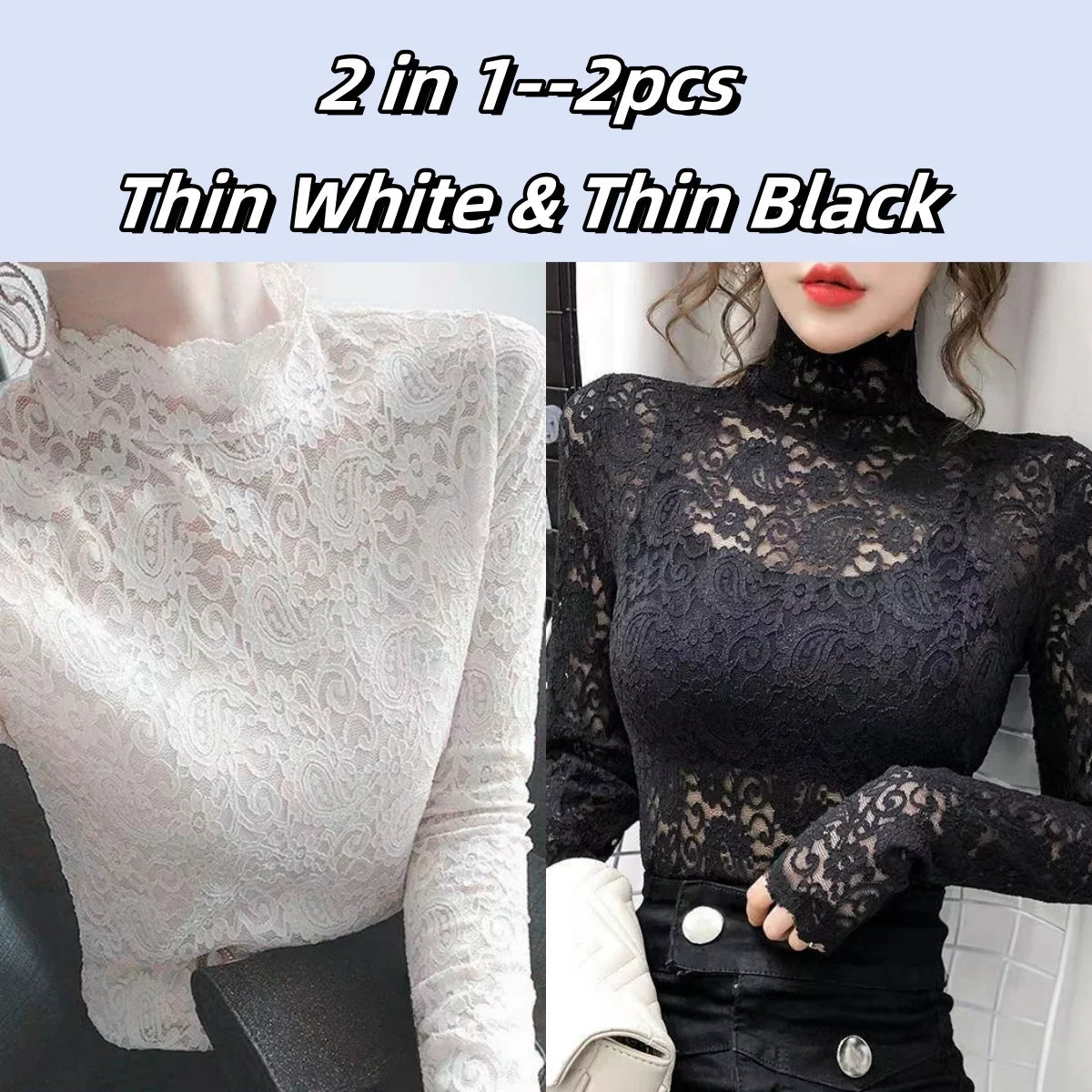 Winter High Neck Long Sleeve Fleece Lace Women T-Shirt Elegant Trendy Top