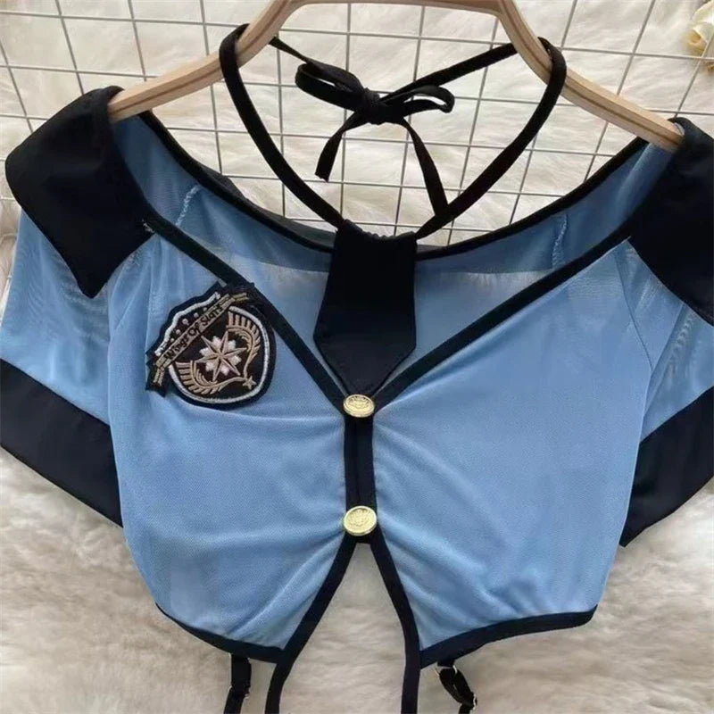 Women Preppy Sexy Uniform Set Sheer V Neck Top Lace Up Mini Skirt Hollow Out Thong Lingerie Cosplay Costume