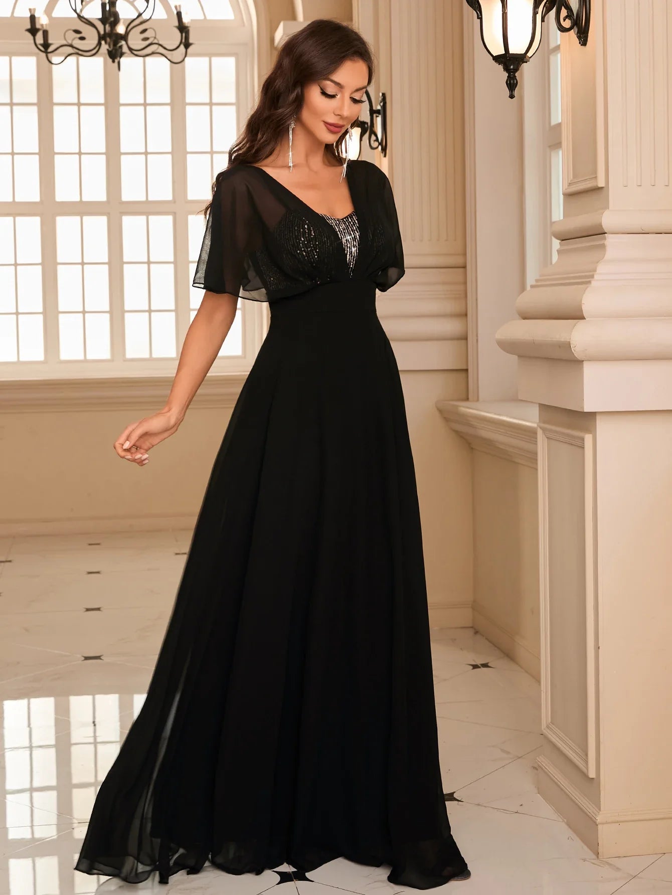 Backless Sequin Batwing Sleeve Chiffon Dress Patchwork