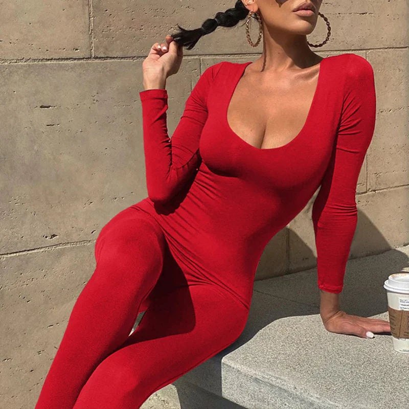 Sexy Black Long Sleeve Bodycon Jumpsuit for Women Slim Fit Casual Streetwear Skinny Romper