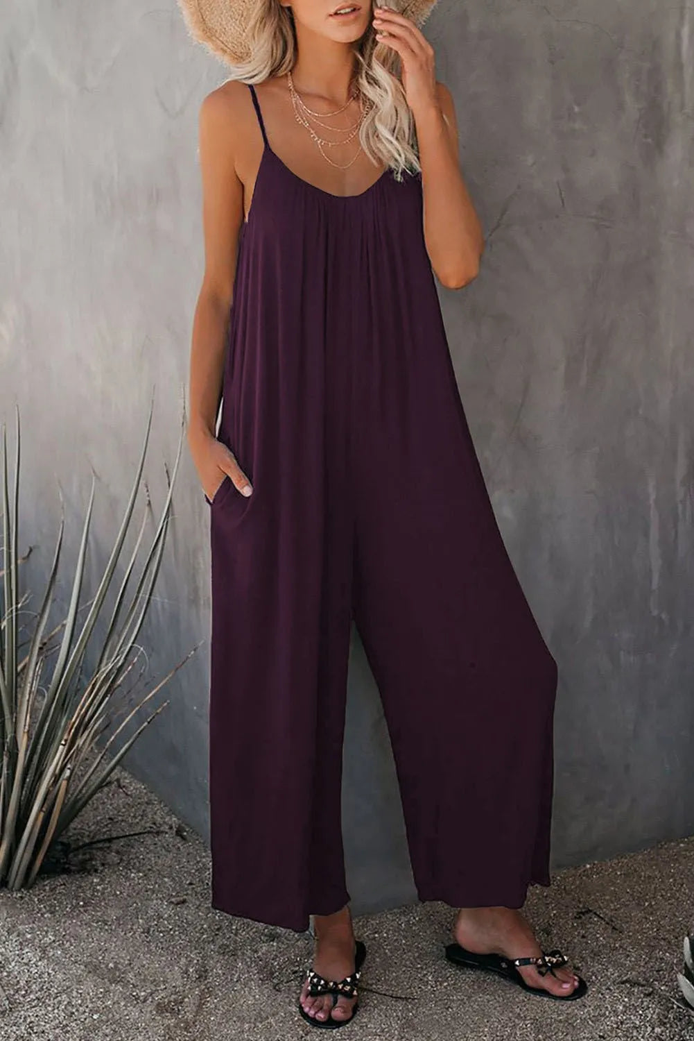 Women's Summer Strap Jumpsuit with Solid Color Design and Convenient Side Pockets Casual Lightweight Romper