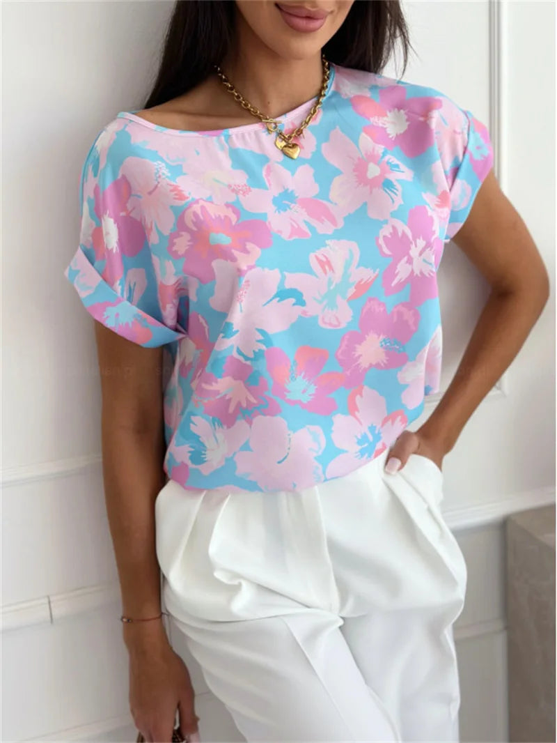 Casual Summer Short Sleeve Pleated Patchwork Blouse Elegant Office Lady Chic Shirt Stylish Slim Tops Streetwear