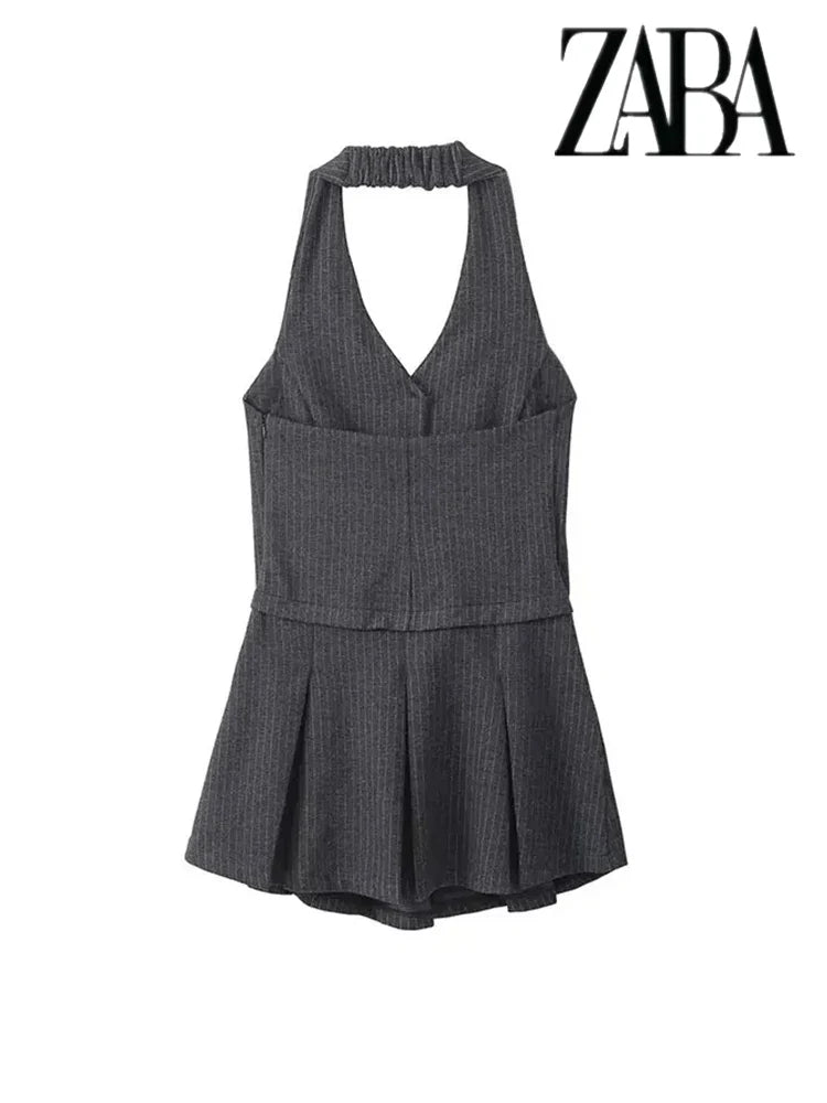 Black Backless V Neck Sleeveless A Line Pleated Dress