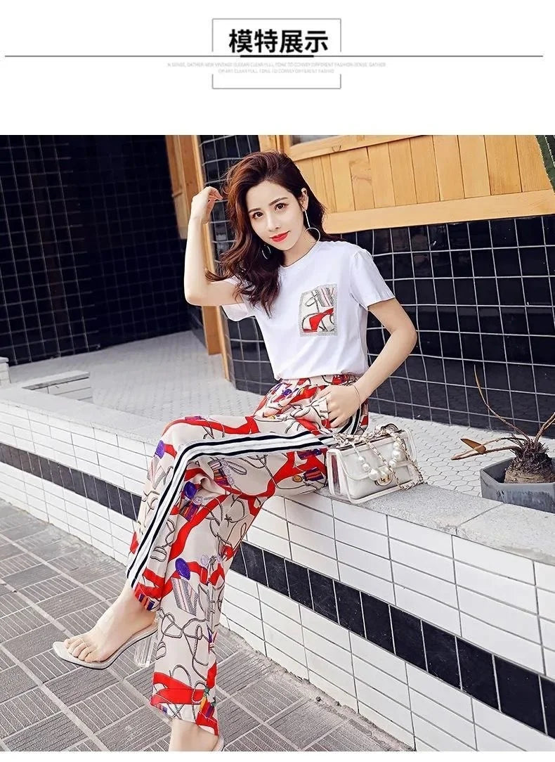 Women's Plus Size Two Piece Suit Set with Short Sleeve Tops and Wide Leg Pants for Casual Summer Fashion