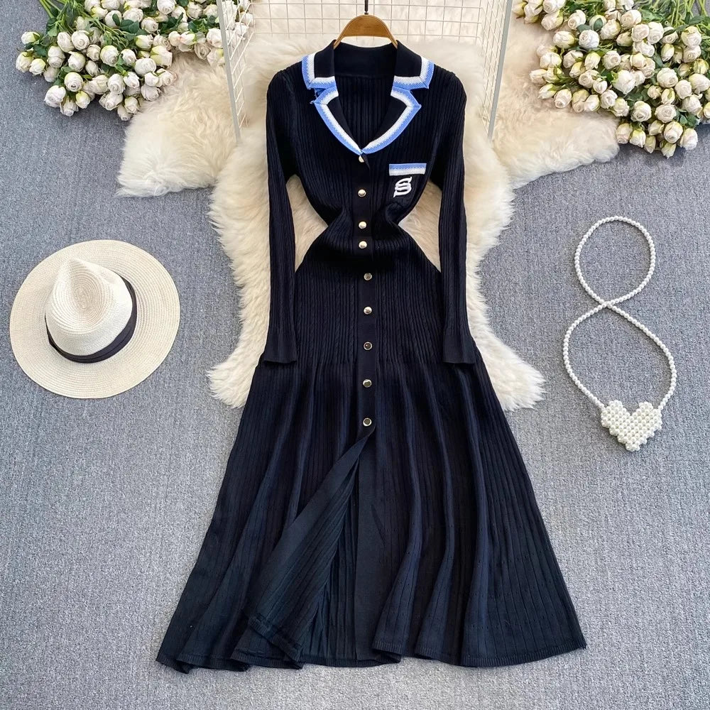 Knitted Sweater Dress With Embroidery Pocket Long Sleeve